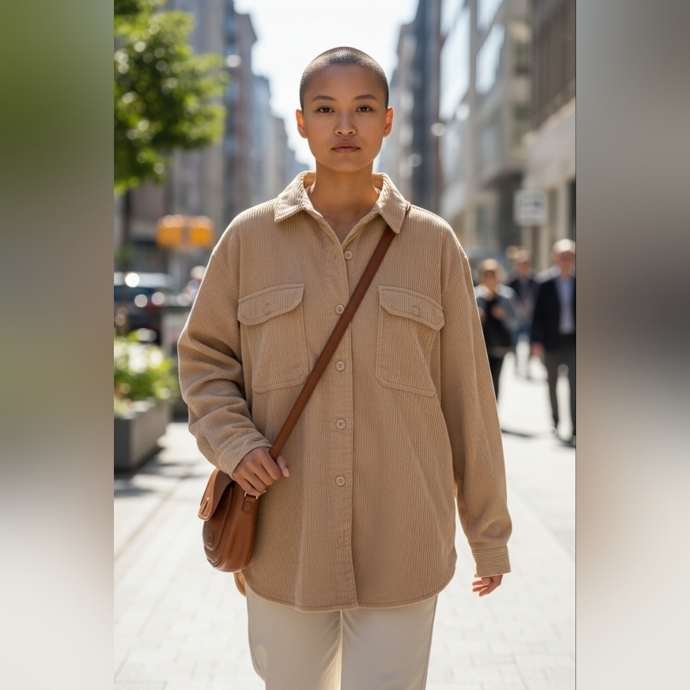 Three Dots Womens Tan Corduroy Chic Lined Button-Up Cord Jacket EUC Large